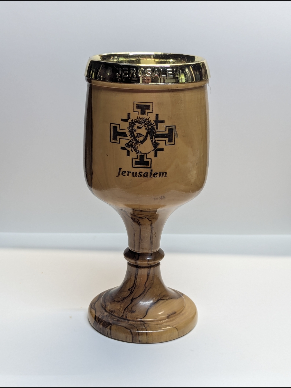 Jerusalem Olive Wood Chalice with Gold Rim - Brown